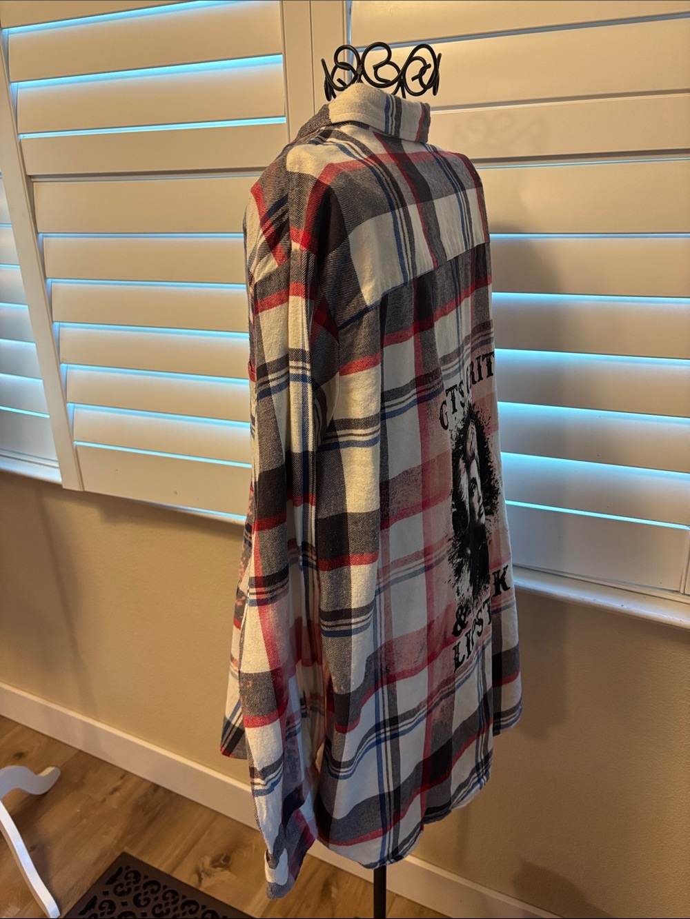 Handmade one of a kind Dolly Parton Plaid Button-Up Distressed Flannel - Picture 5 of 6